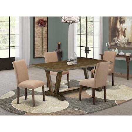 East West Furniture 5 Piece V-Style Dining Room Table Set - Distressed Jacobean V777AB747-5